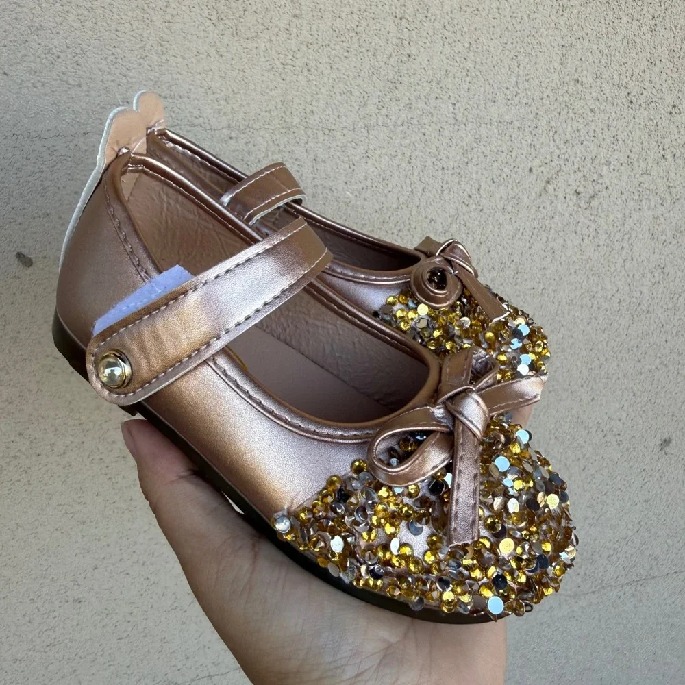 Shao Mary Jane Flats Kids Size 27 Rose Gold Sequin Bow Dress Shoes Sparkly Bling